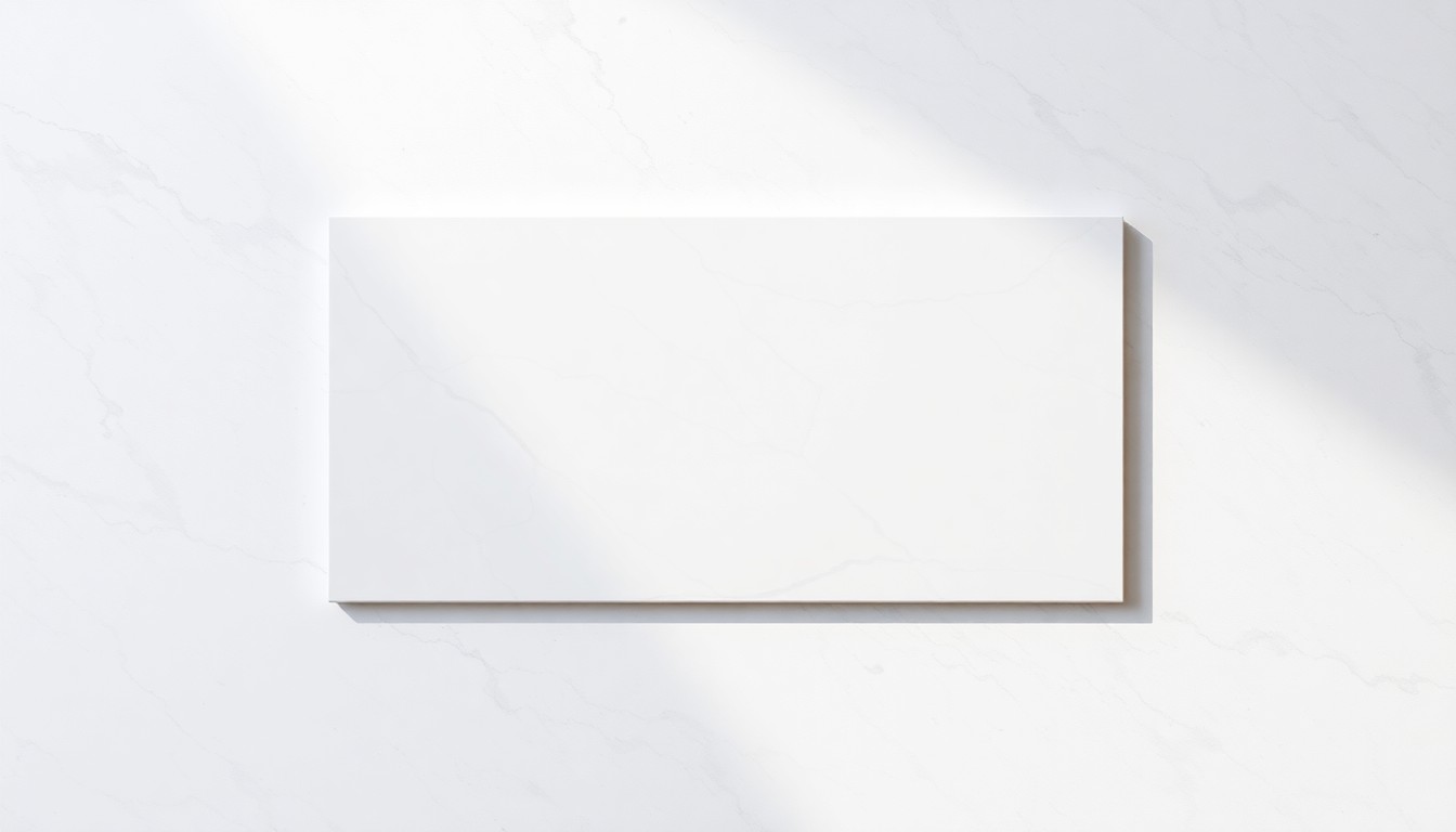 A high-end, photorealistic studio still-life photograph featuring a polished, geometric porcelain tile slab in a soft, creamy white color with delicate veining and subtle movement, resting on a clean, monochromatic seamless background and illuminated by sharp, dramatic studio lighting.