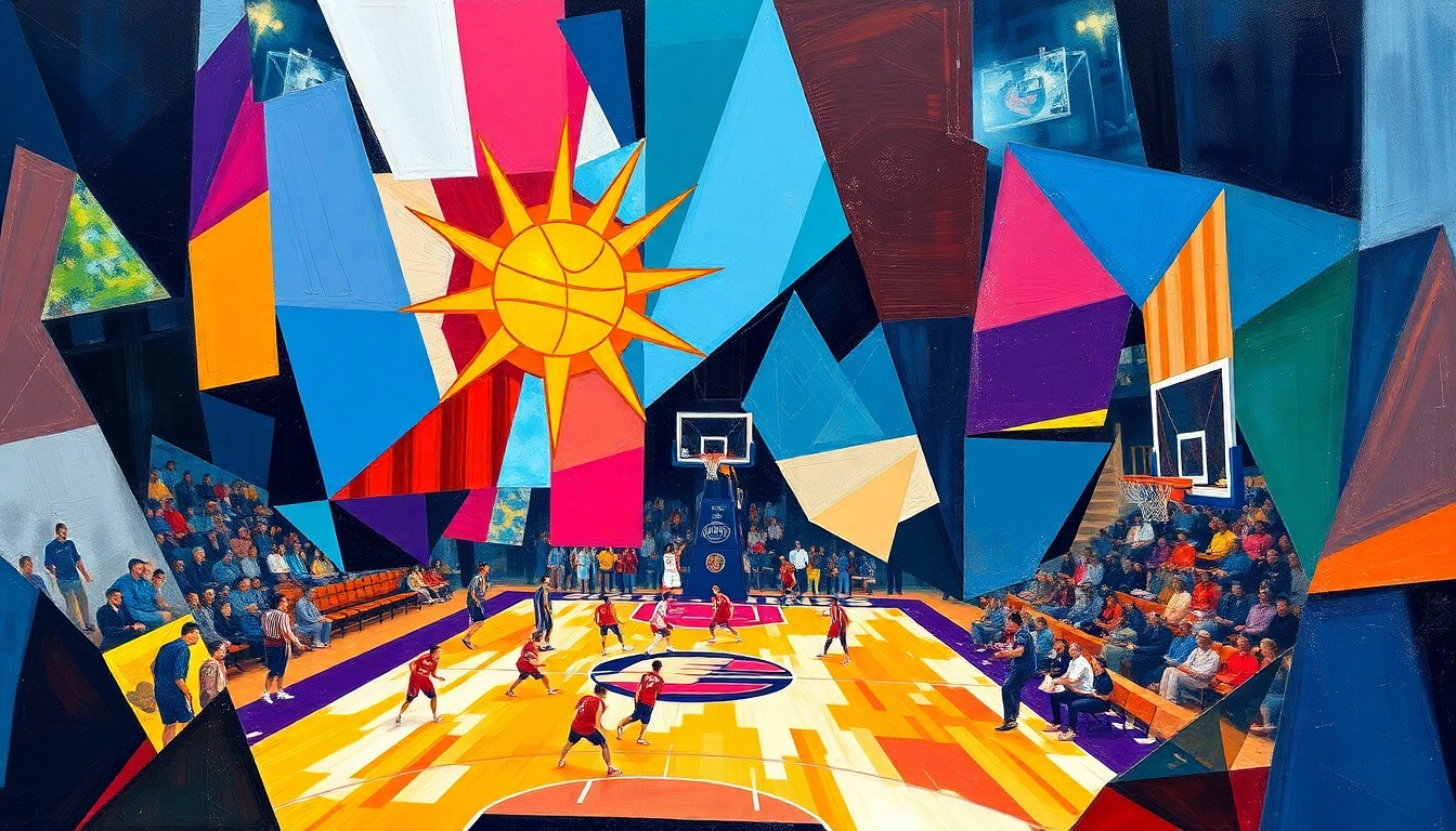 A cubist, geometric painting depicting a basketball game, with sharp, overlapping planes of color representing the dynamic action on the court.