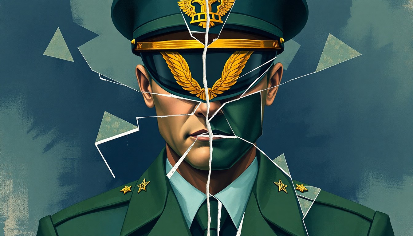 A fractured, abstract painting depicting military uniform elements in shades of blue, green, and gold, conveying the disruption and tension between the military and academia.