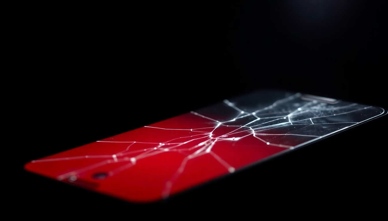 An extreme close-up photograph of a cracked and damaged smartphone screen, lit by a harsh, direct camera flash against a pitch-black background, conceptually representing the impact of online fraud and scams.
