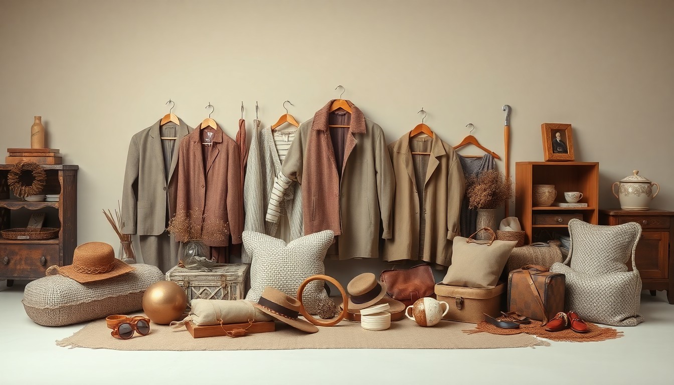 A high-end, photorealistic studio still-life photograph featuring a collection of vintage clothing, accessories, and decor items in muted earth tones and soft lighting, elegantly displayed on a clean, monochromatic background.