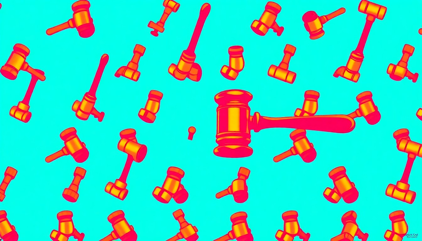 A highly stylized, repeating pattern of a gavel rendered in a vibrant neon color palette, conceptually representing the legal challenges of divorce.