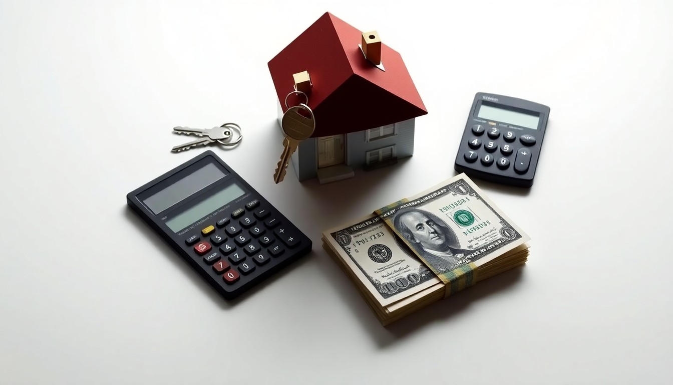 A minimalist studio still life photograph featuring a set of house keys, a calculator, and a stack of dollar bills arranged elegantly on a clean, monochromatic background, conceptually representing the financial aspects of home buying.