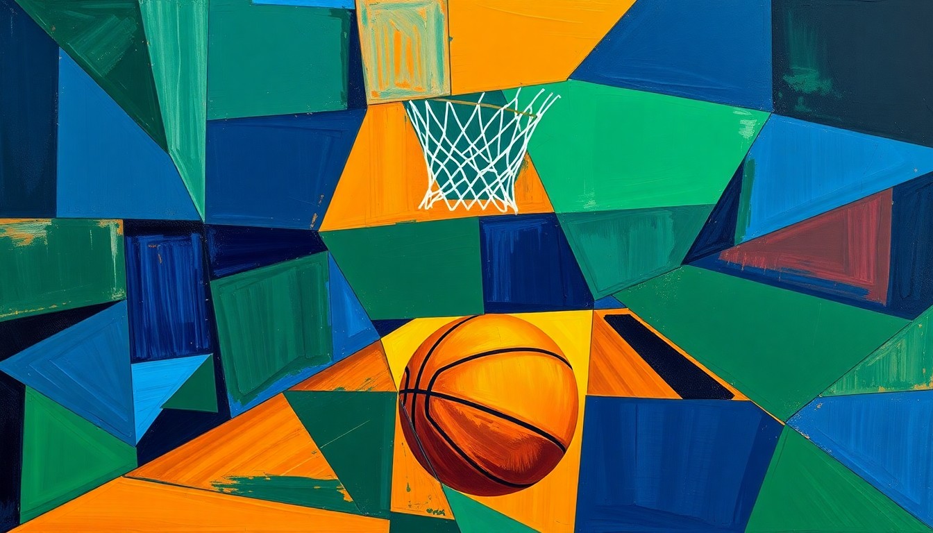 A cubist-style painting featuring overlapping geometric shapes and planes in shades of blue, green, and orange, conceptually representing the fragmented, multi-faceted nature of a basketball game or match.