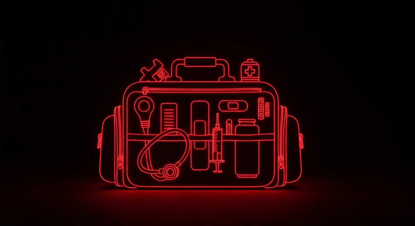 A vibrant, neon outline of a paramedic's medical bag against a dark background, symbolizing the critical role of emergency responders in the community.