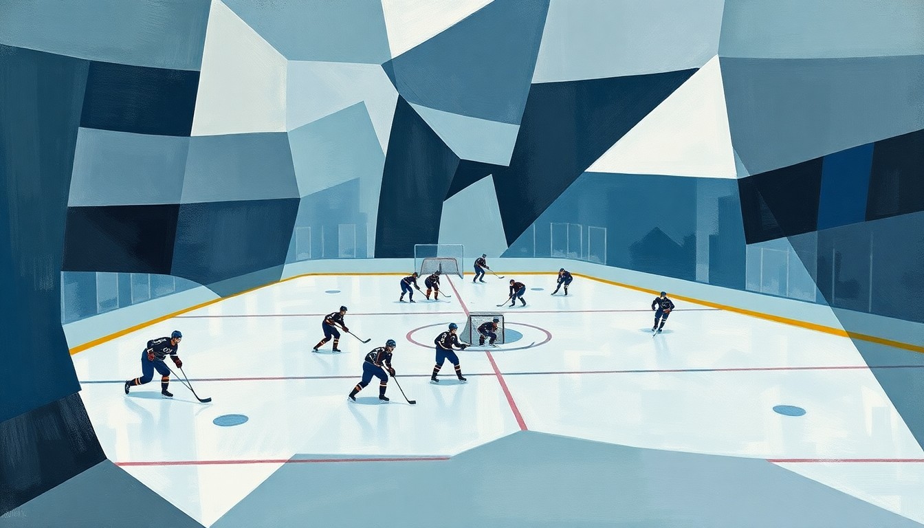 A cubist, geometric painting depicting a fragmented hockey game, with players and the rink deconstructed into overlapping planes of muted blue, gray, and white tones, conveying the complexity and challenges the Blue Jackets face in turning their season around.