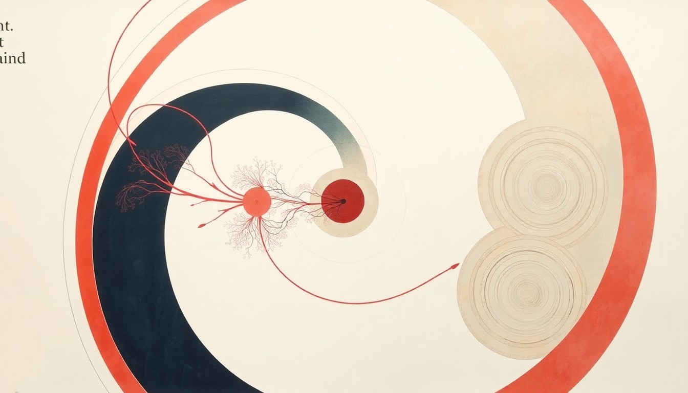 An abstract, geometric painting in muted tones of blue, green, and pink, depicting the complex interplay of biological forces and microgravity, conveying the structural order and fragility of the human body in the vastness of space.