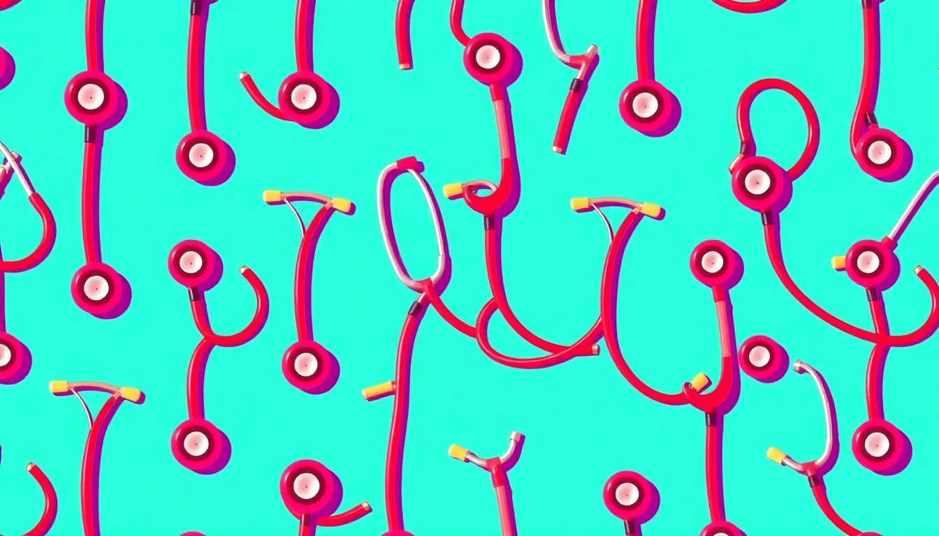 A high-contrast, silkscreen-style image composed of a repeating grid of brightly colored stethoscopes, rendered in a vibrant neon palette that transforms the everyday medical instrument into a striking work of modern pop art.