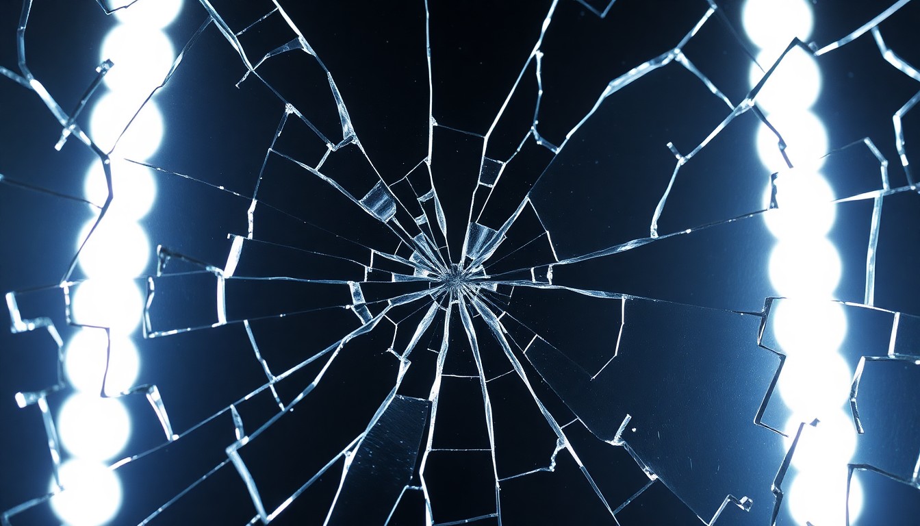An abstract close-up photograph of a shattered, reflective surface in dramatic high-contrast lighting, conveying the fragility and loss surrounding the passing of a rising young musician.