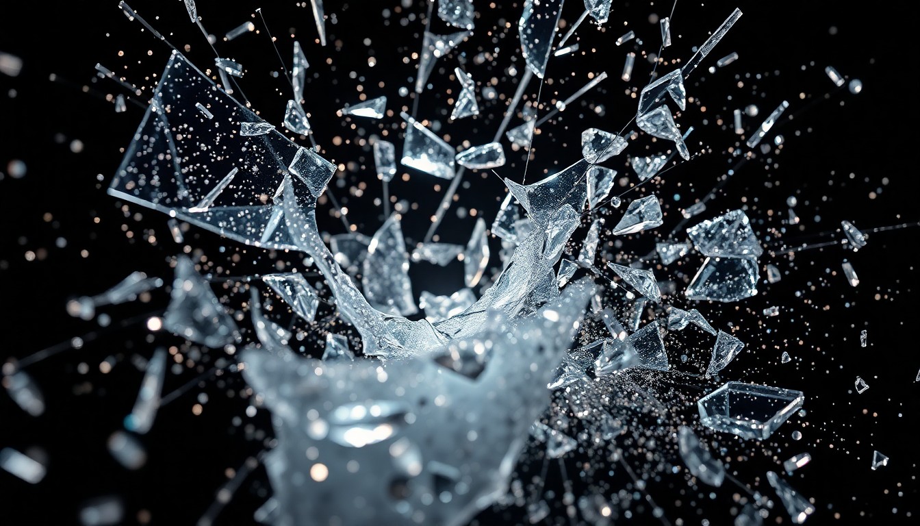 An abstract close-up image featuring shattered glass and glittering sequins, conveying the glamour and intensity of a modern Shakespearean production.