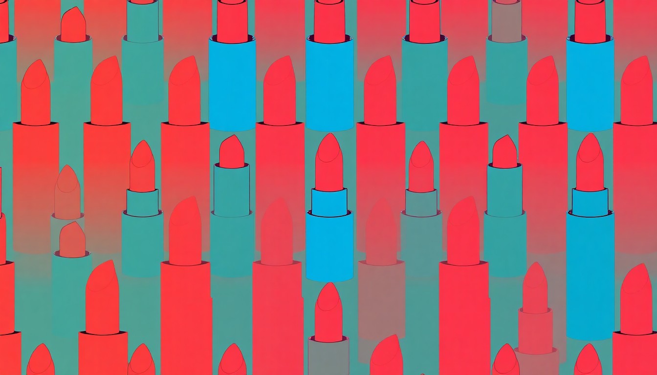 A brightly colored, high-contrast silkscreen print of a single, iconic makeup product repeated in a tight grid pattern, capturing the vibrant and empowering spirit of Laura Geller's mature cosmetics line.