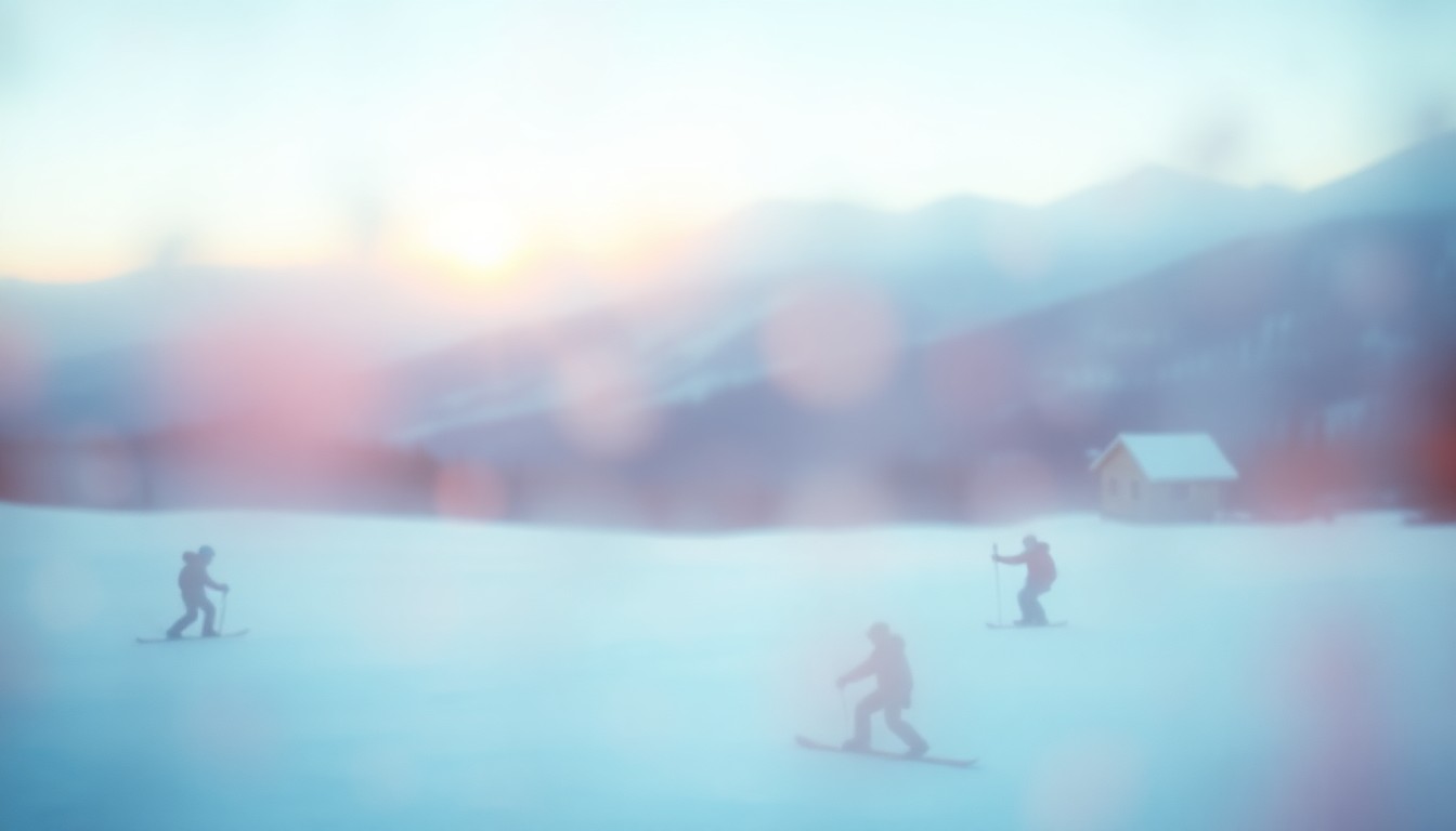 An abstract, impressionistic photograph of a snowy mountain landscape with skiers and snowboarders visible in the distance, all rendered in soft, warm pools of color and light.