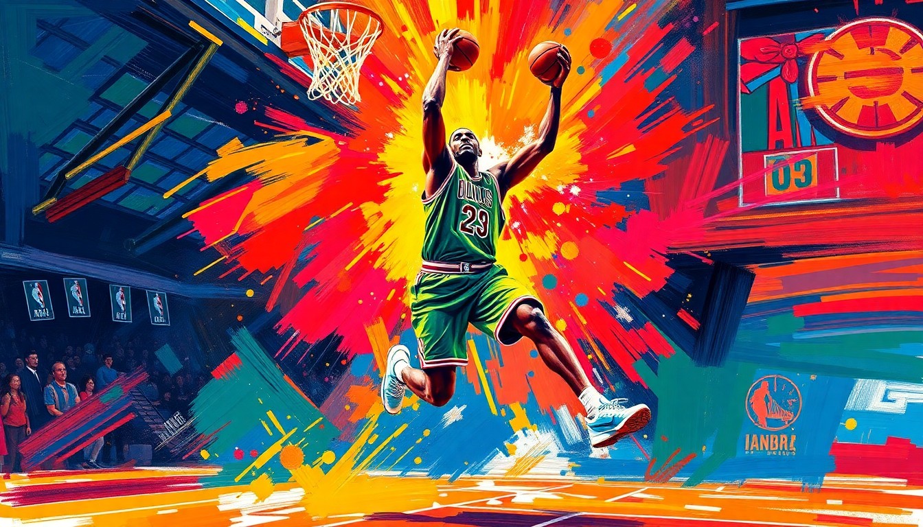 A dynamic, neon-colored expressionist painting depicting the powerful, explosive movements of an NBA basketball player driving to the hoop, with the player's face and details obscured in a blur of vibrant brushstrokes.