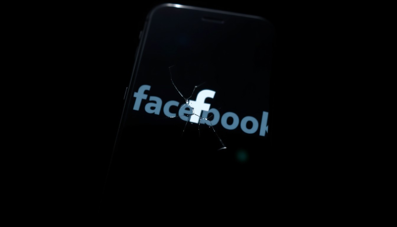 An extreme close-up photograph of a cracked smartphone screen reflecting a distorted Facebook logo, lit by a harsh, direct camera flash against a pitch-black background, conceptually illustrating the harsh reality of social media fraud.
