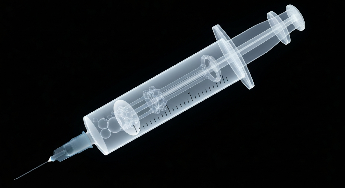 A ghostly, translucent X-ray photograph of a syringe filled with a glowing liquid vaccine, against a dark background, revealing the intricate internal structure of the syringe in a conceptual illustration of the scientific rigor and transparency required in vaccine research.