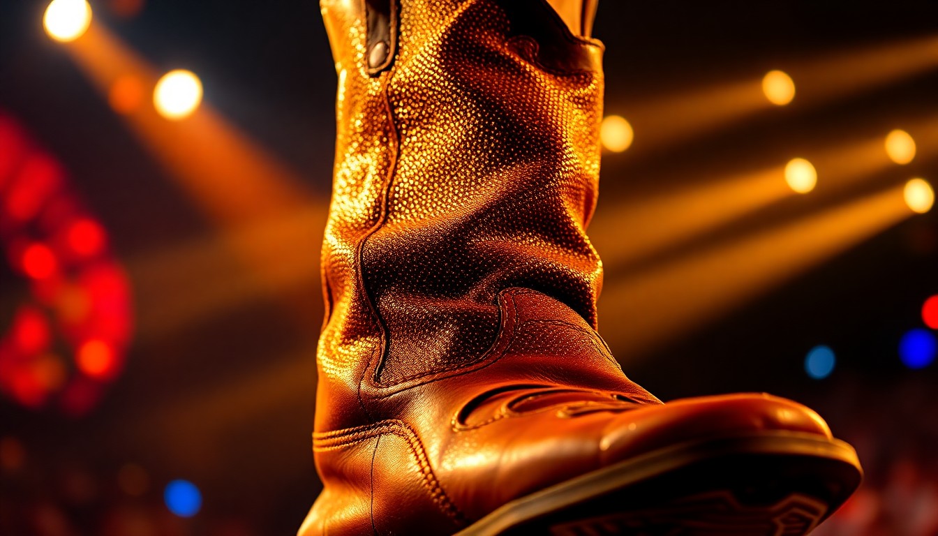 An extreme macro photograph of the reflective, glittering stage lights shining on the worn, textured leather of a cowboy boot, capturing the high-energy, glamorous atmosphere of a George Strait performance.