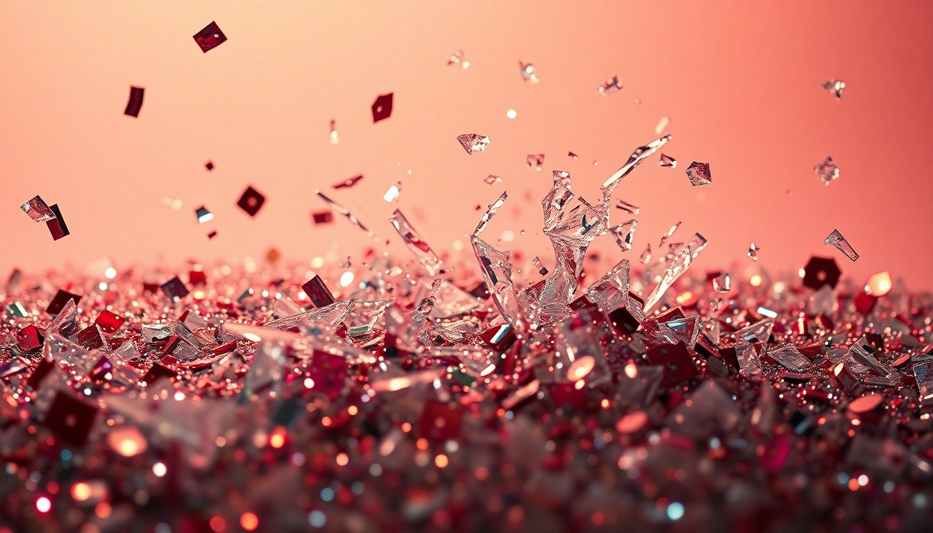 An abstract close-up image featuring shards of broken glass and sparkling sequins, captured in dramatic studio lighting to evoke the high-stakes, glamorous world of the Netflix comedy series 'Big Mistakes'.