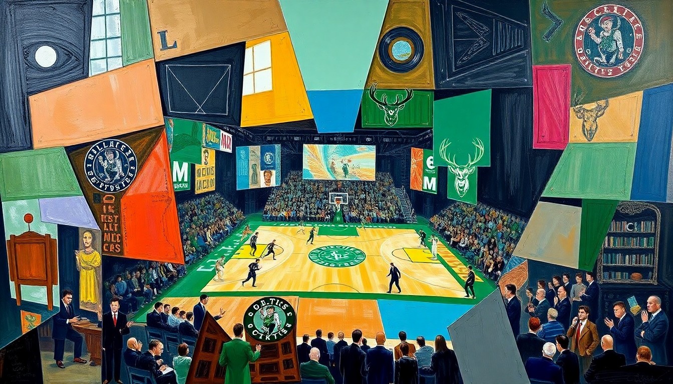 A fragmented, geometric painting depicting the action and intensity of a basketball game, with players and the court broken down into sharp, angular shapes and planes of color.