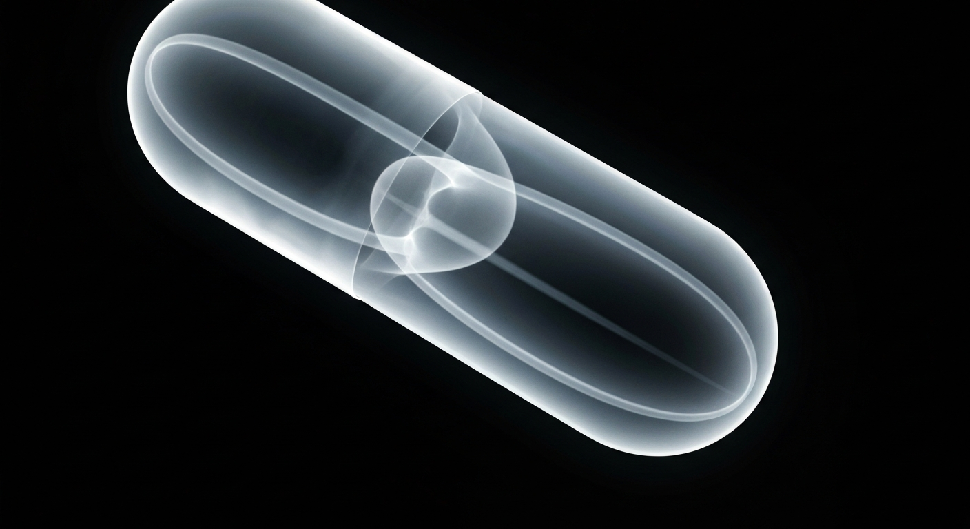 An abstract, ghostly X-ray image revealing the internal structure of a chemotherapy medication capsule, conceptually representing the complexities of managing cancer treatment side effects.