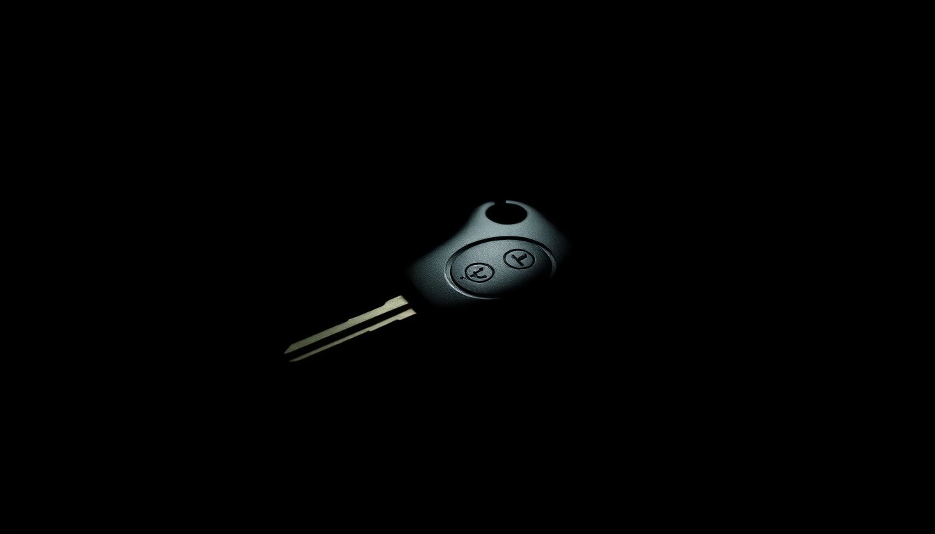 An extreme close-up photograph of a car key against a pitch-black background, lit by a harsh, direct camera flash, conceptually representing the stolen vehicle at the center of this crime story.