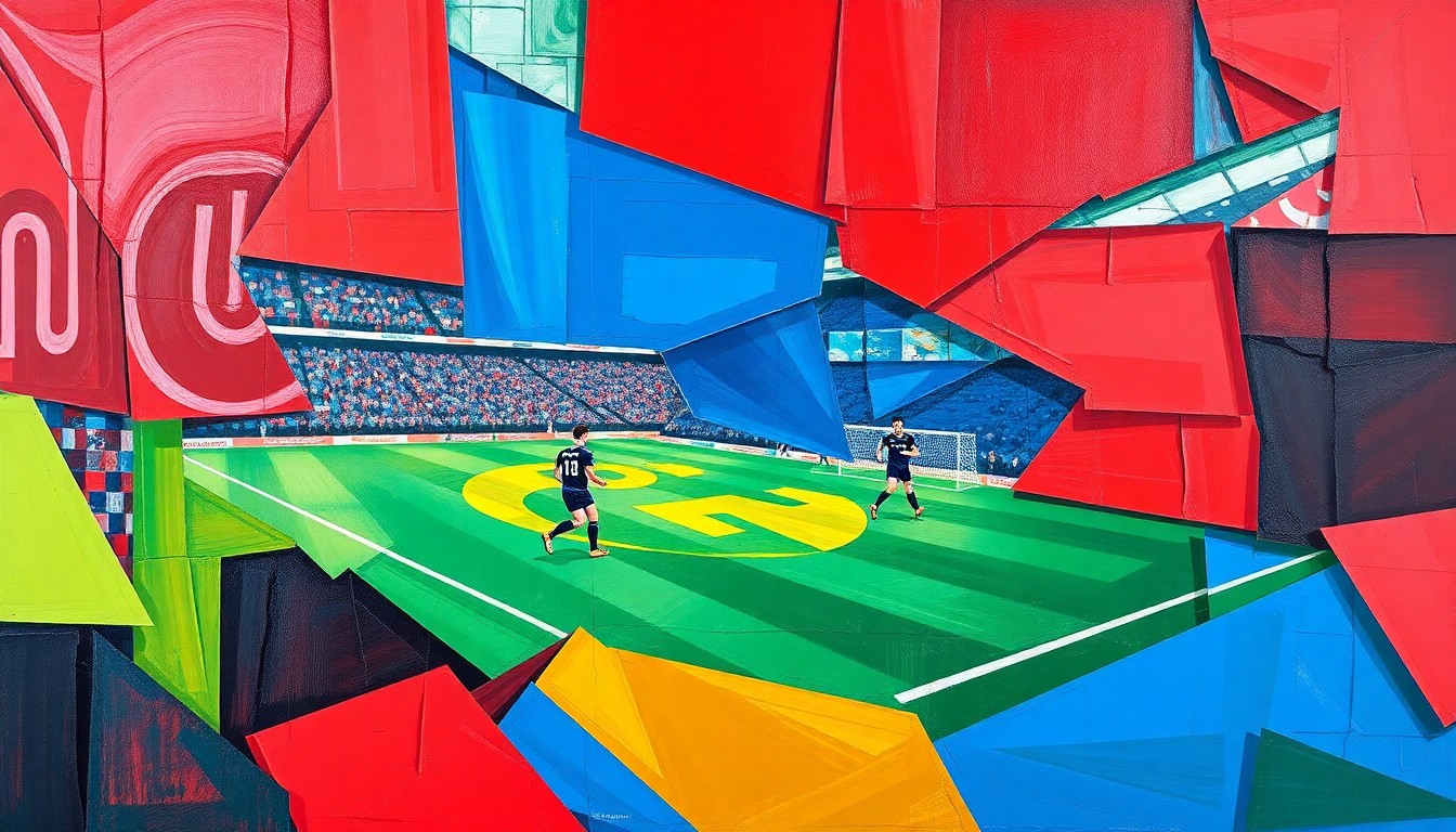 A fragmented, geometric painting depicting the chaotic energy of a football match, with players and the ball abstracted into sharp, overlapping shapes and planes of vibrant color.