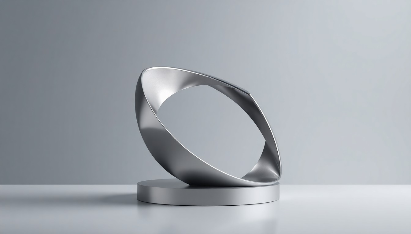 A highly reflective, geometric sculpture made of brushed aluminum and glass, capturing the abstract concept of corporate reinvention and the integration of artificial intelligence.