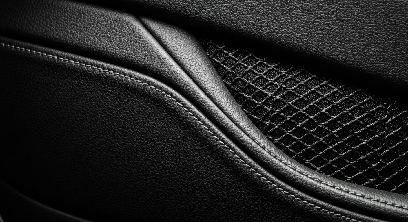 An extreme close-up of the textured surface of a Renault 4 door panel, showcasing the pebbled leather, woven mesh, and subtle curves in a dramatic, artistic manner that highlights the car's unique design and engineering.