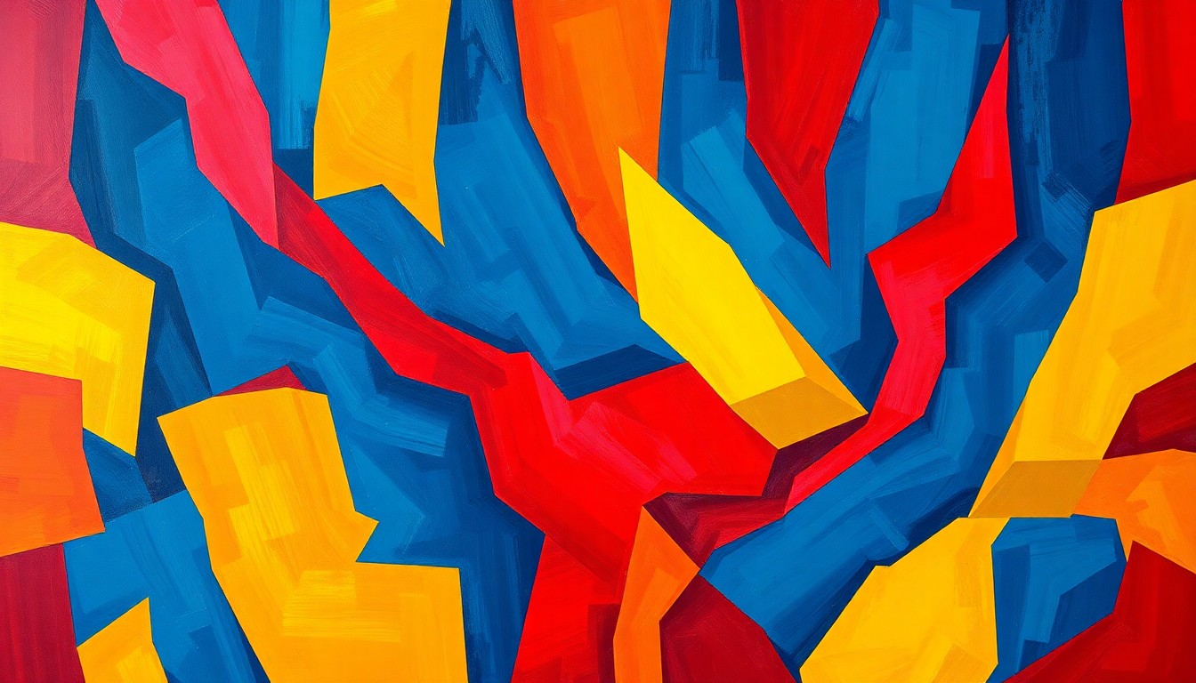 A vibrant, abstract painting featuring overlapping geometric shapes and waves of deep blue, bright red, and golden yellow, conveying the high-energy and divisive nature of the special election in New Jersey's 11th Congressional District.