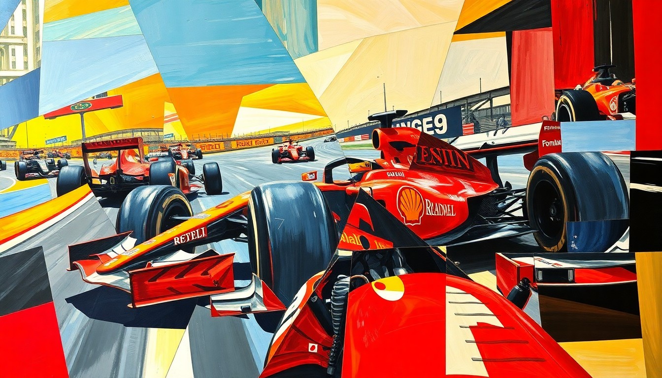 A cubist, geometric painting depicting a Formula 1 race scene, with the cars and track broken down into sharp, overlapping planes of color and shape, capturing the dynamic energy and competitive spirit of the sport.