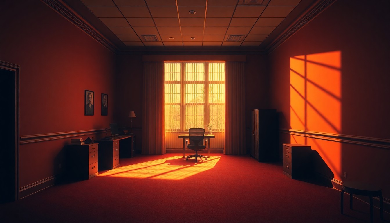 A dimly lit, cinematic painting of an empty government office space, with warm sunlight streaming in through the windows and deep shadows casting a sense of mystery and uncertainty over the scene.