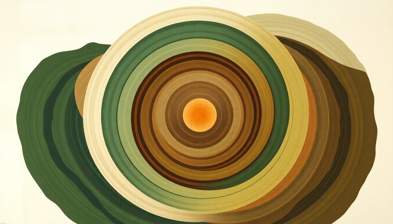 An abstract painting in soft, earthy tones of green, brown, and ochre, featuring sweeping geometric arcs, concentric circles, and precise spiral patterns, representing the complex geological processes that have shaped the Uinta Mountains and the Green River's unusual route.