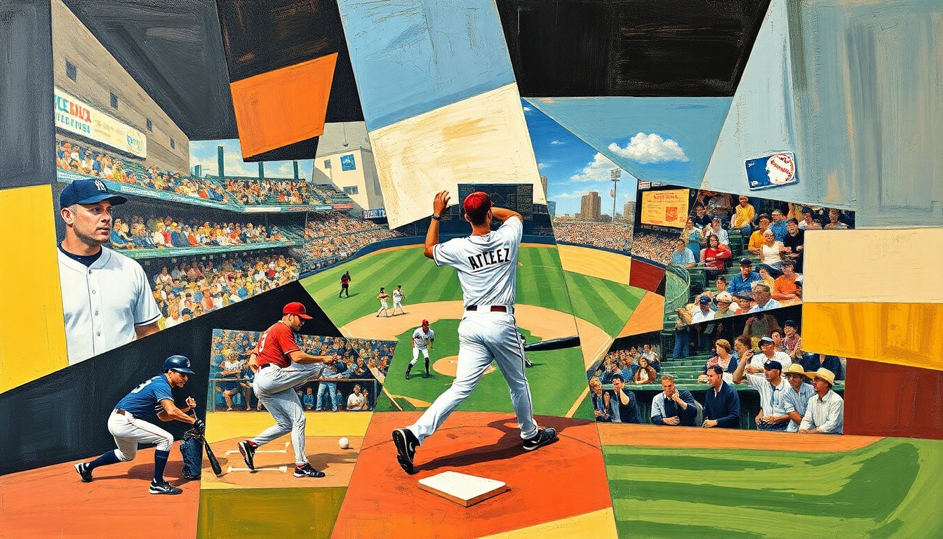 A cubist, geometric painting depicting a baseball player in motion, with the player's form broken down into sharp, overlapping shapes and planes in a range of blues, greens, and oranges.