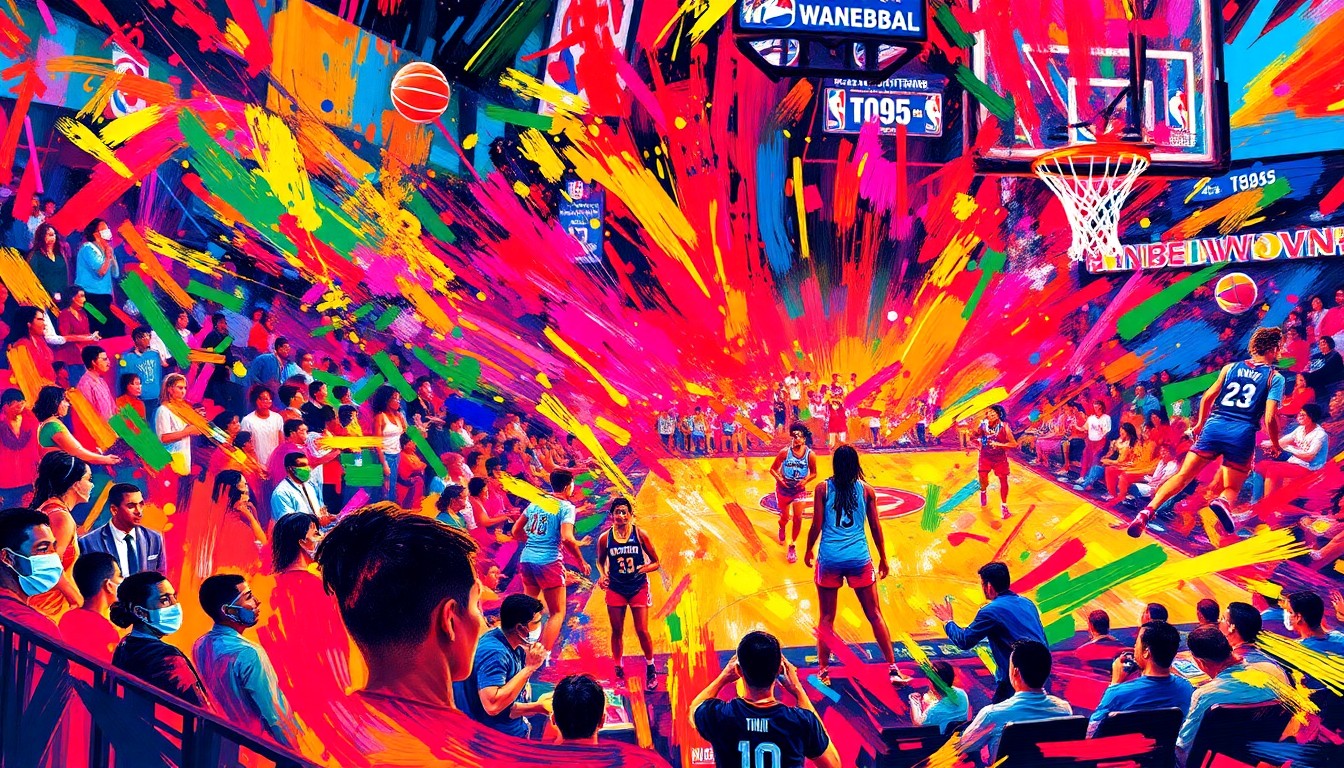 An abstract, expressionist painting in vibrant neon colors, capturing the energy and movement of a WNBA basketball game with players' figures dissolving into colorful brushstrokes.