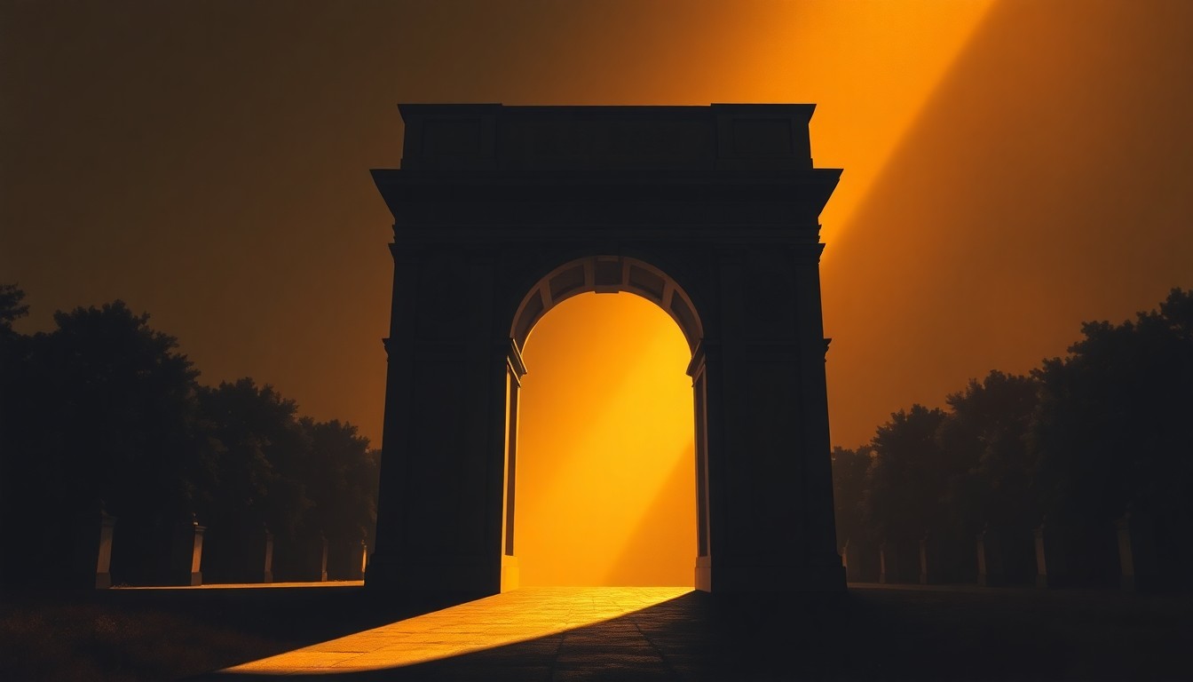 A serene, cinematic painting of a solitary triumphal arch standing tall and imposing, its gilded details glinting in the warm, diagonal sunlight. The arch is the central focus, with deep shadows surrounding it, creating a sense of grandeur and power.