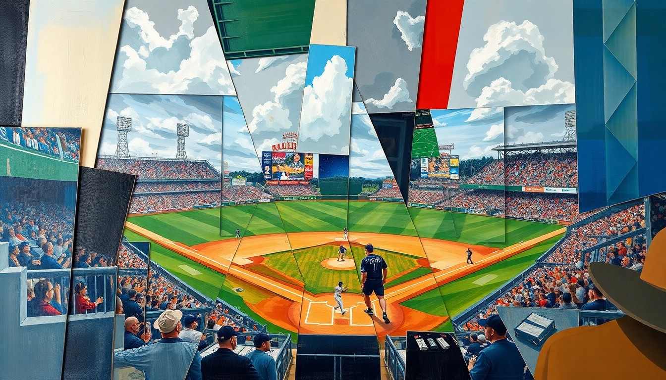 A cubist, geometric painting depicting a fragmented baseball game, with overlapping shapes and planes representing the strategic moves and uncertainty surrounding the Orioles' roster.
