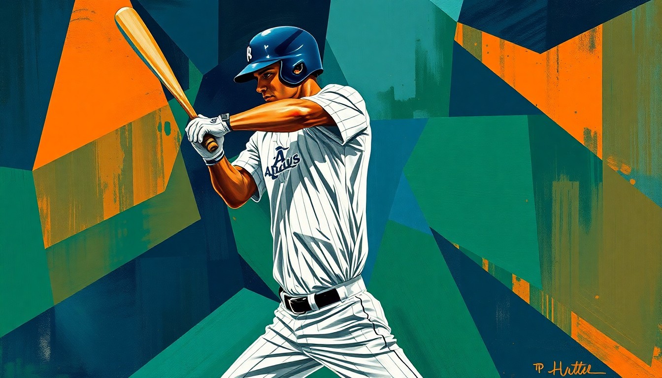 A fragmented, geometric painting depicting a baseball player's batting stance and swing, with sharp, overlapping planes in navy blue, forest green, and burnt orange, conveying the dynamic motion and uncertain future of the sport.