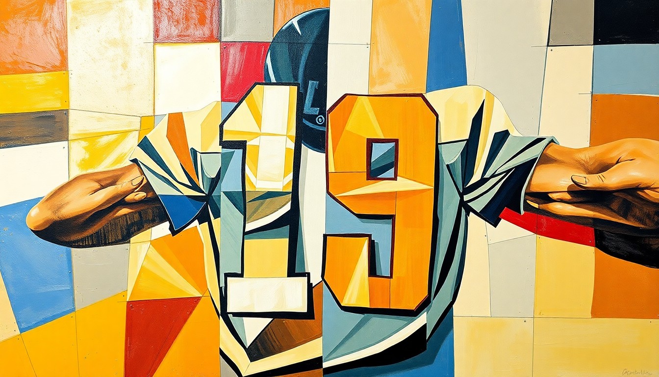 A cubist-style painting featuring overlapping geometric shapes and planes in shades of blue, green, and orange, representing the dynamic movement and energy of a football player's jersey number change.