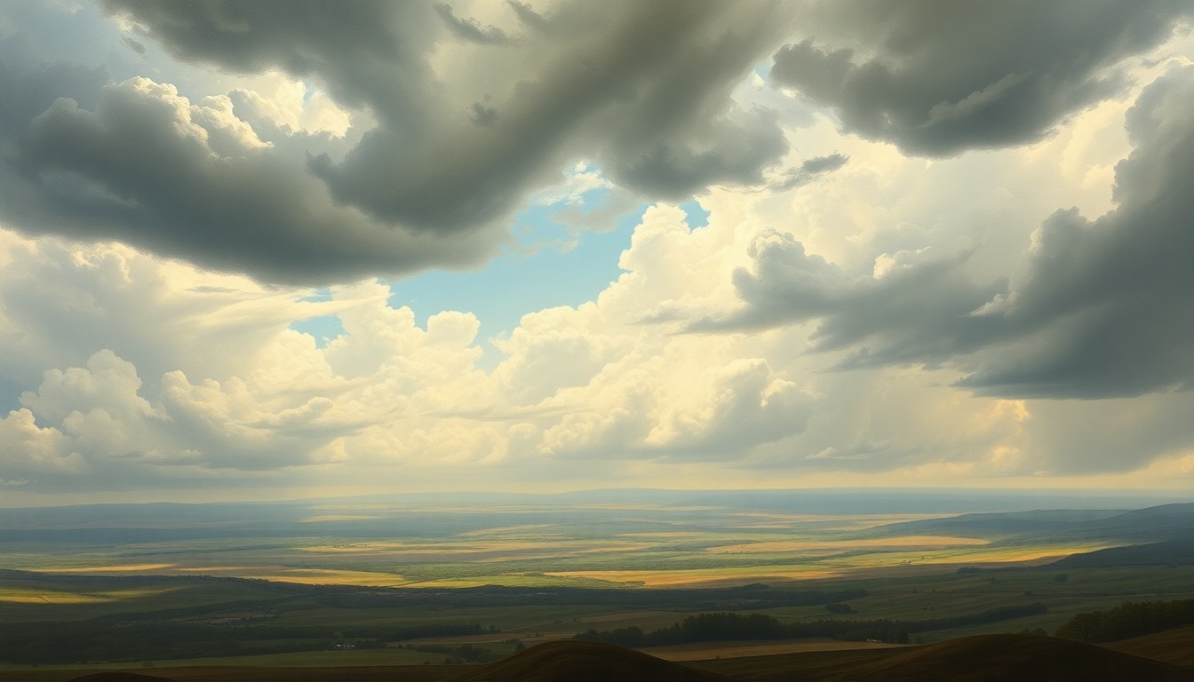 A sweeping, atmospheric landscape painting in muted tones of green, gray, and blue, capturing the vast, sublime scale of Missouri's rolling hills and farmland under a dramatic, cloudy sky. The scene emphasizes the power of nature, with any physical structures or objects dwarfed by the overwhelming presence of the weather.