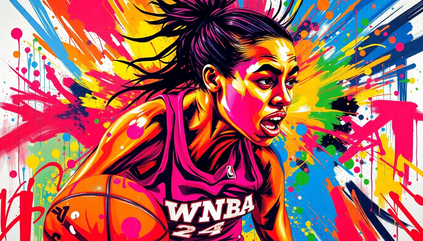 An explosive, neon-colored painting capturing the dynamic movements and raw energy of a WNBA basketball player, with faces and logos dissolving into vibrant, abstract brushstrokes.