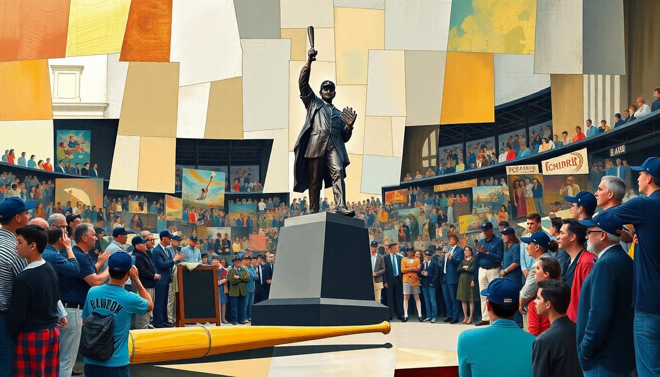 A cubist painting depicting the Ichiro statue unveiling, with the statue, the crowd, and the broken bat represented through sharp, overlapping geometric shapes and planes in a dynamic, fragmented composition.