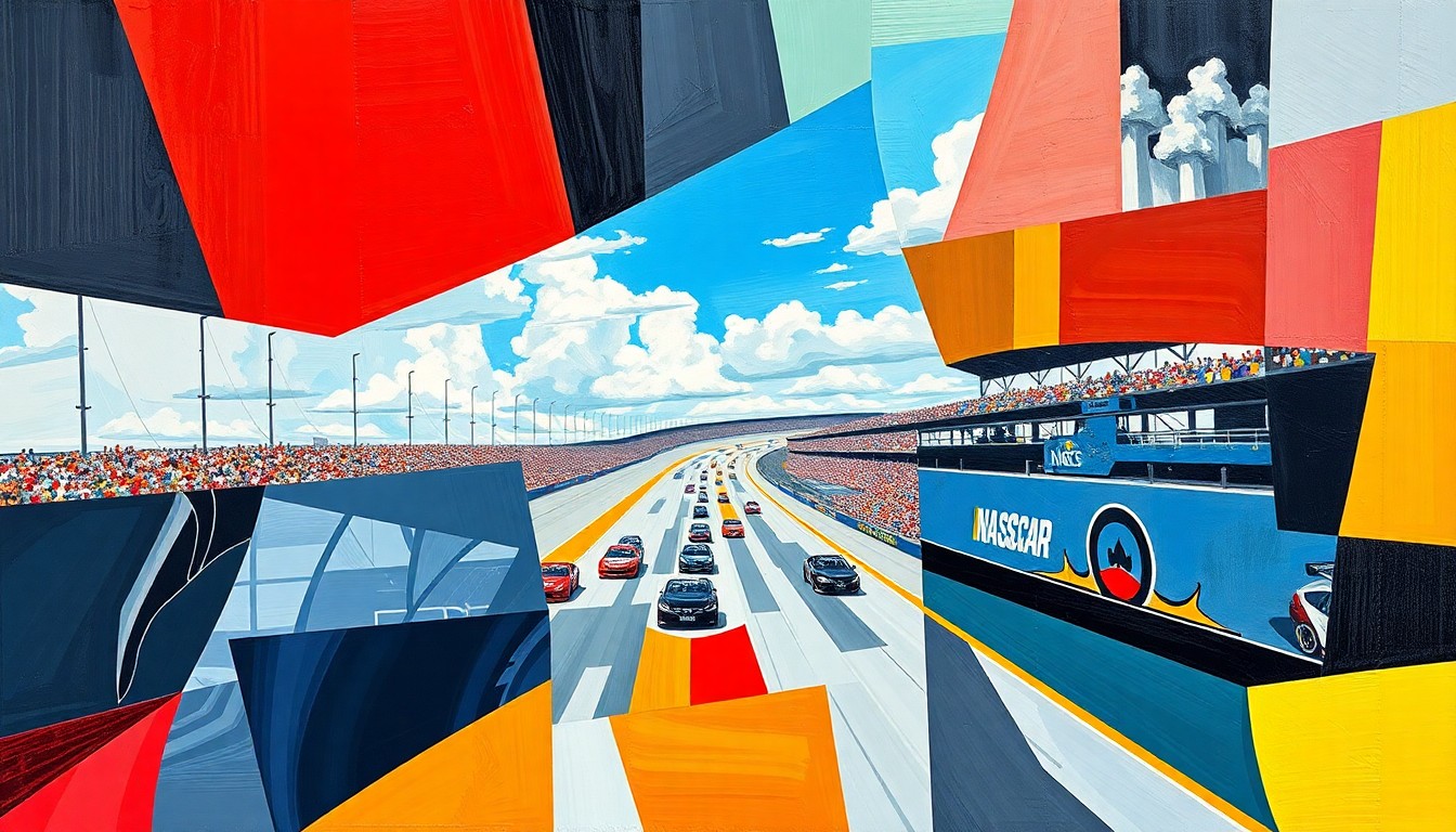 A fragmented, geometric painting depicting a NASCAR race at Circuit of the Americas, with cars and the track broken down into sharp, overlapping planes of color and form to capture the dynamic energy and technical complexity of road course racing.