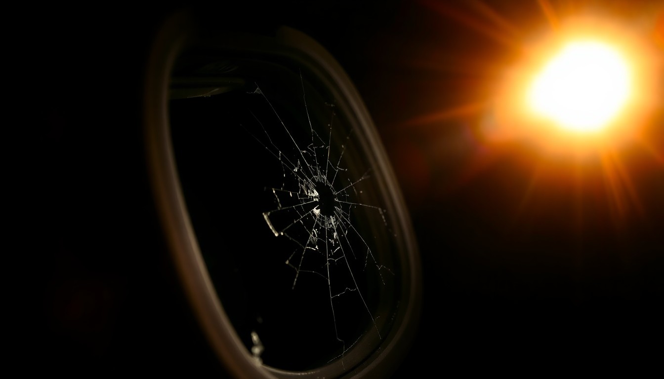 An extreme close-up photograph of a cracked and damaged airplane window or sensor, lit by a harsh, direct camera flash against a pitch-black background, conceptually illustrating the aftermath of a passenger's in-flight threat.