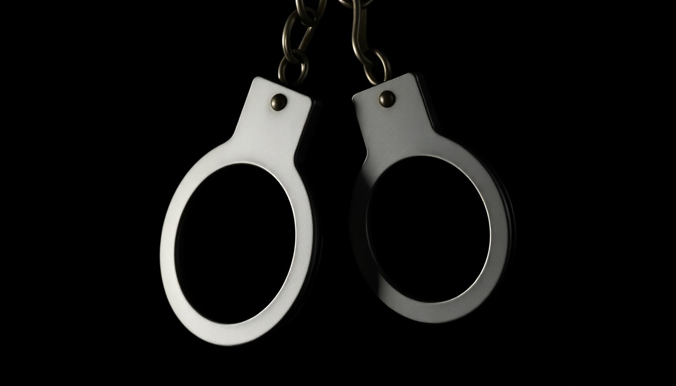 An extreme close-up photograph of a pair of handcuffs against a pitch-black background, lit by a harsh, direct camera flash, conceptually representing the criminal justice system and the challenges faced by those seeking to break the cycle of incarceration.