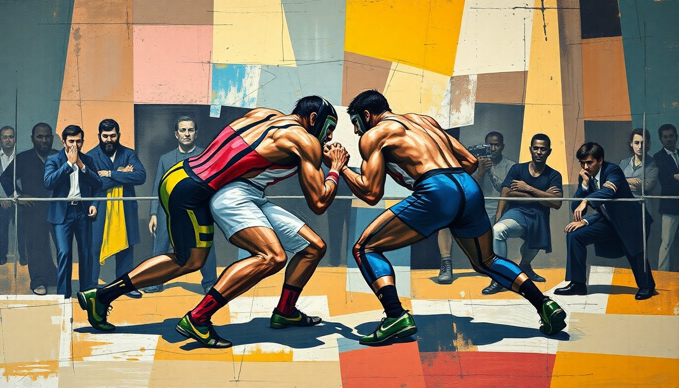 A fragmented, geometric painting depicting a wrestling match or competition involving the Americano faction members, with sharp, overlapping planes of color and form capturing the dynamic energy of the storyline.
