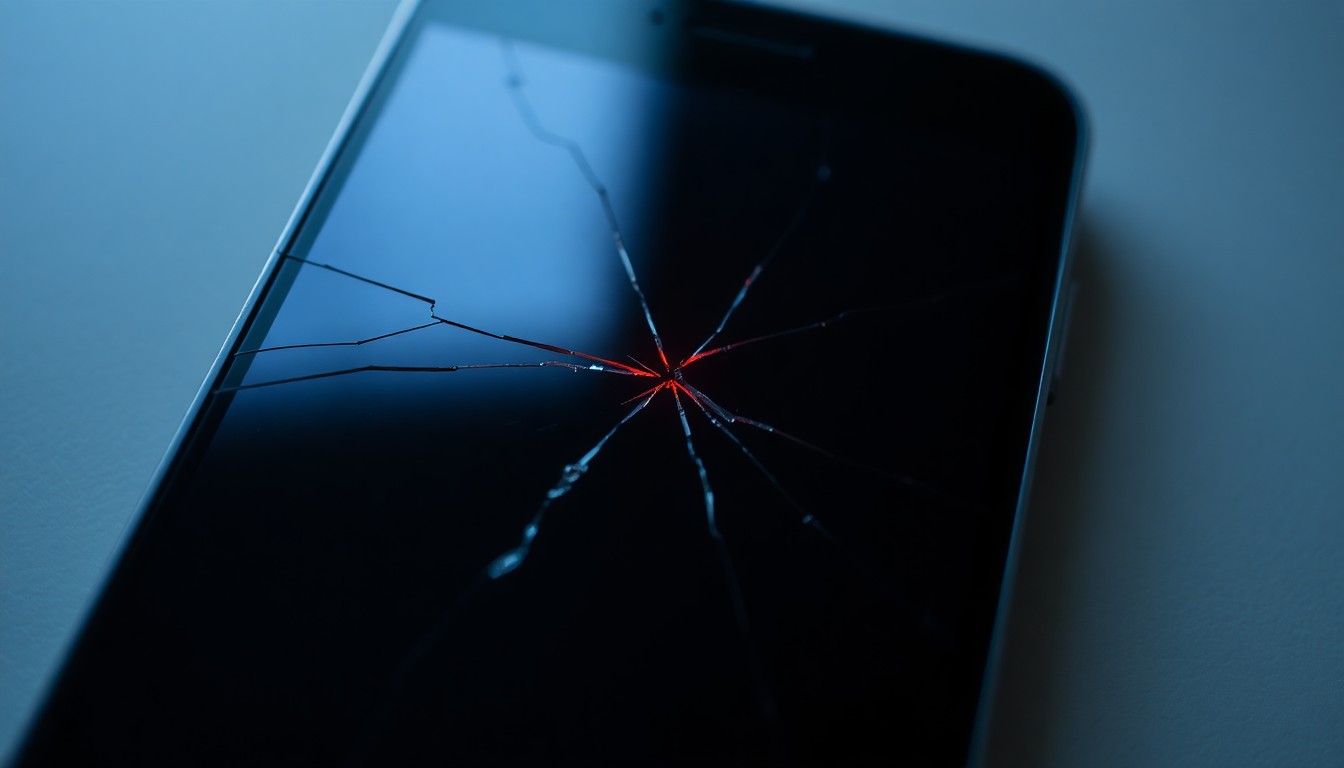 An extreme close-up of a cracked smartphone screen reflecting a faint red light, conceptually illustrating the digital evidence of inappropriate text messages between a teacher and student.