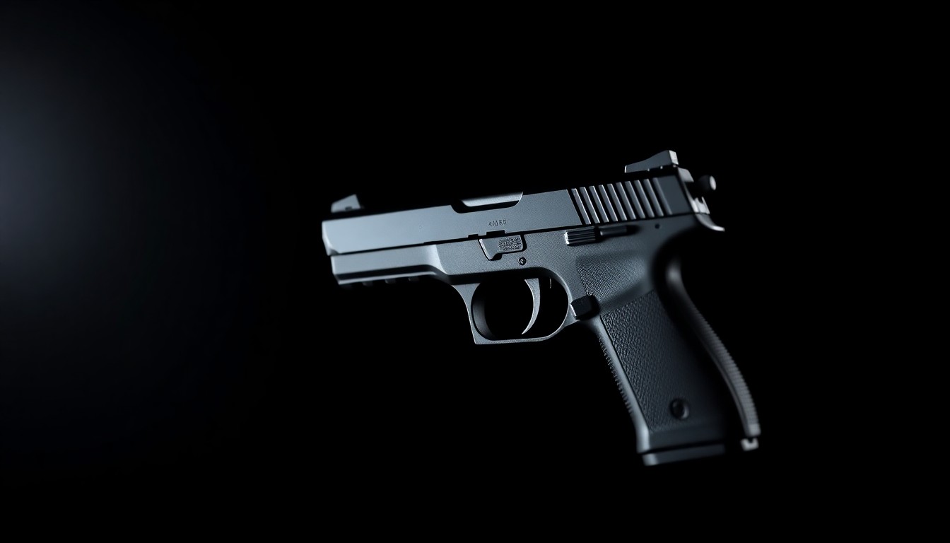 An extreme close-up photograph of a black BB pistol against a stark, dark background, highlighting the detailed texture and design of the object to conceptually illustrate the complexities of this police shooting incident.