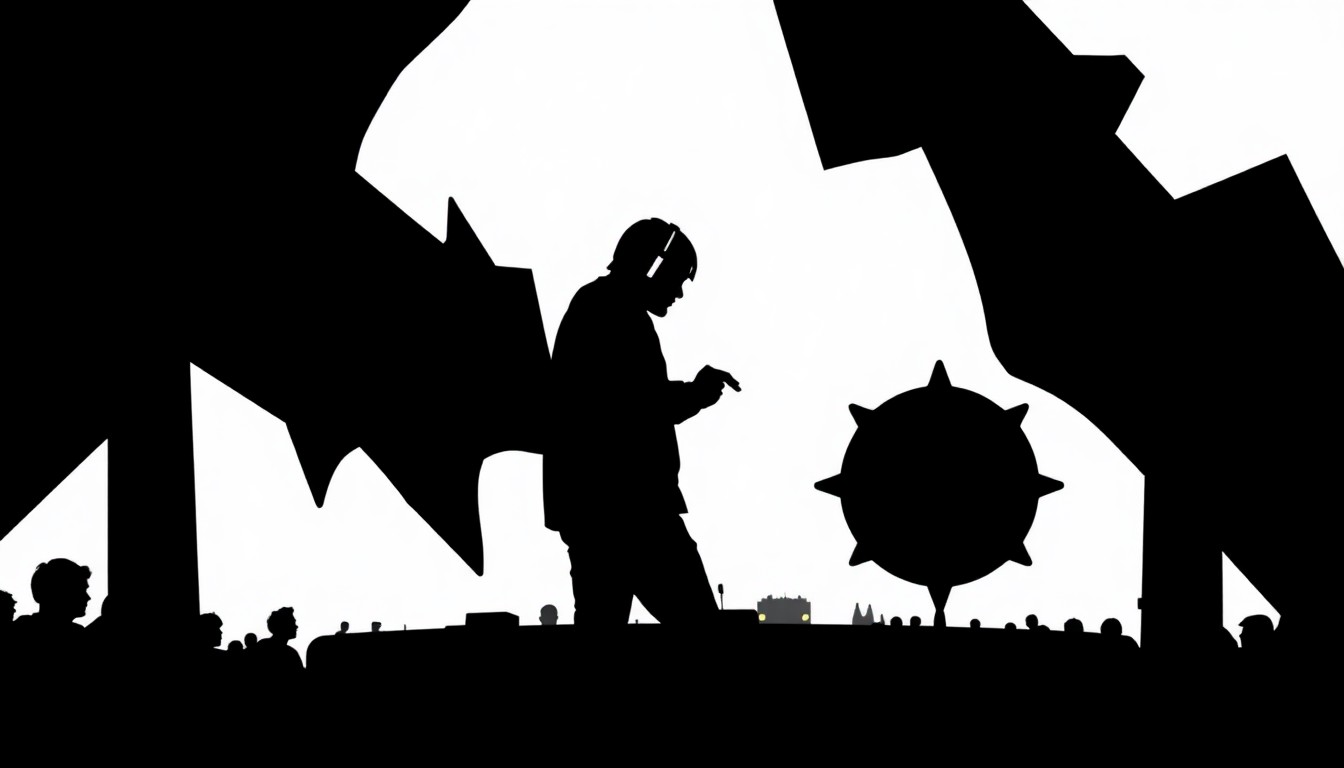 An abstract, minimalist illustration featuring stark black silhouettes and jagged geometric shapes, conceptually representing the potential surprise appearance of Porter Robinson at Ninajirachi's Coachella set.