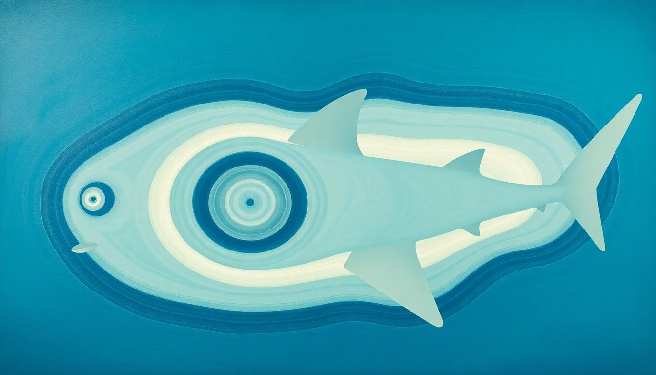 A highly textured, abstract painting in soft shades of blue, green, and gray, featuring sweeping circular forms, intersecting waveforms, and precise organic spirals, conceptually representing the scale and power of the extinct Megalodon shark.