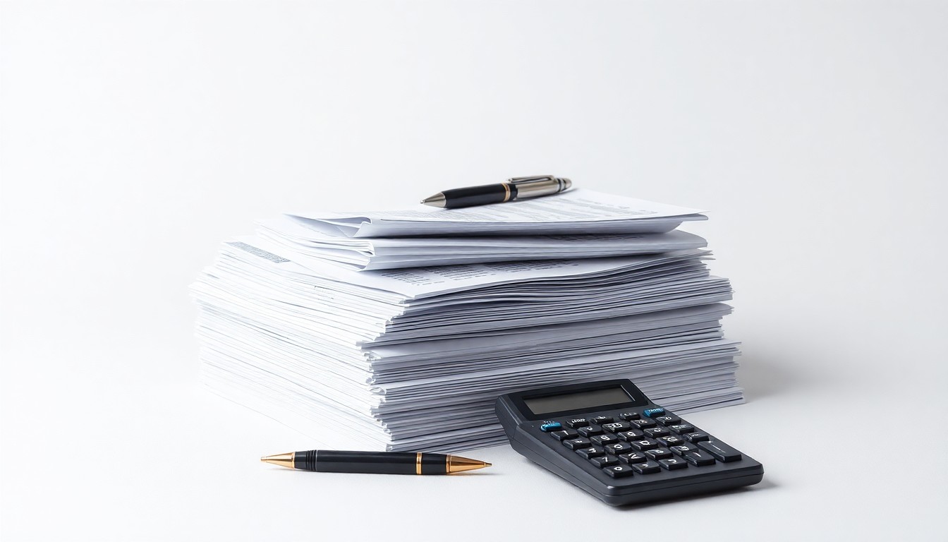 A photorealistic studio still life featuring a stack of neatly organized financial reports, a pen, and a calculator on a clean, monochromatic background, symbolizing the abstract concepts of corporate strategy, finance, and organizational clarity.