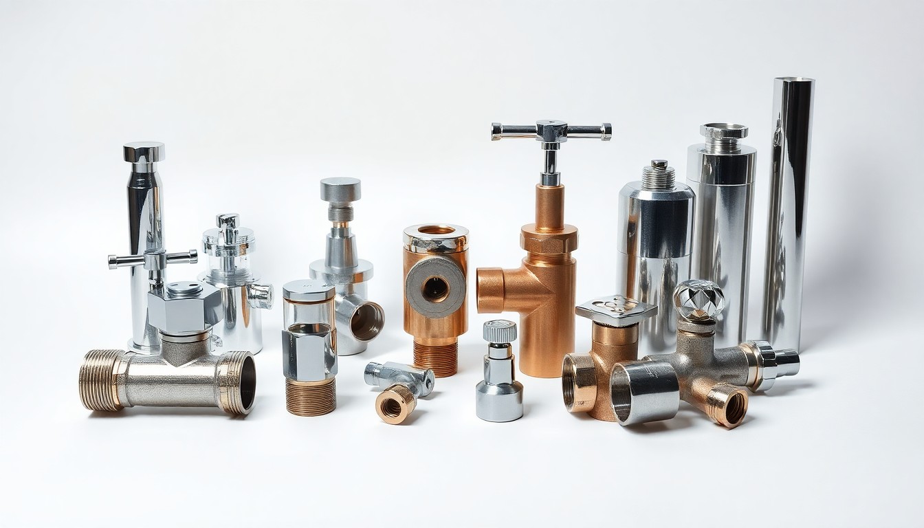 A high-end, photorealistic studio still-life photograph featuring a collection of polished metal and glass pipes, fittings, and valves arranged elegantly on a clean, white background, conceptually representing the technical complexity and precision required for water damage restoration work.